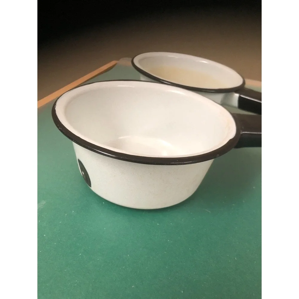 2 - VTG Enamelware Small 5 Inch  SaucePans Pots White Black Trim & Handles